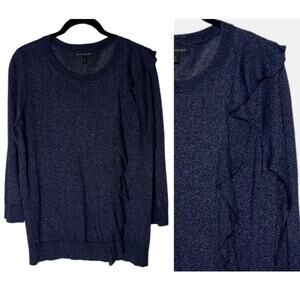 Banana Republic Sweater Women's medium Shine Ruffle Pullover Crewneck Navy Blue